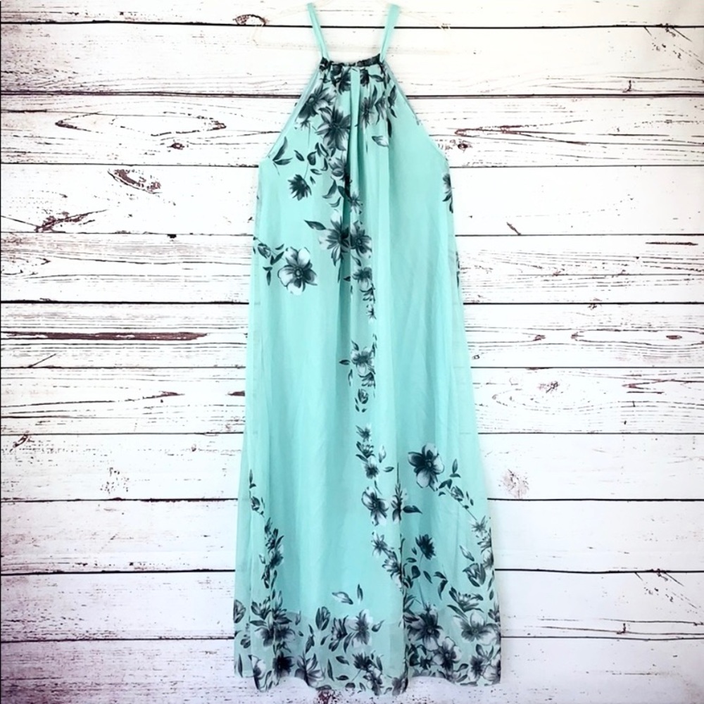 Aqua Gray Hawaiian Floral Halter Neck Maxi Dress